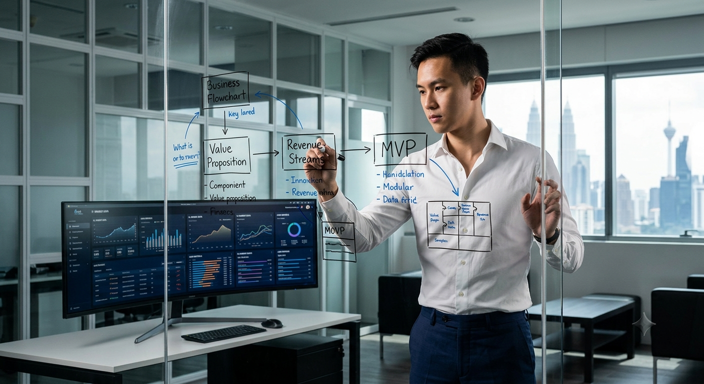 Founder mapping a business framework on glass with analytics dashboards in the background