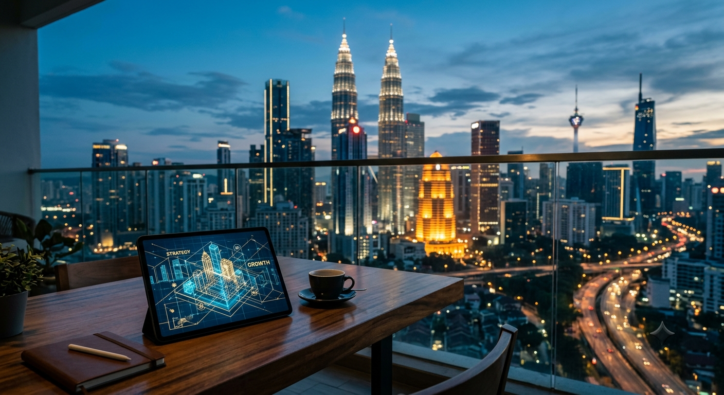 Kuala Lumpur skyline beside a strategic workspace representing structured business growth for Malaysian entrepreneurs