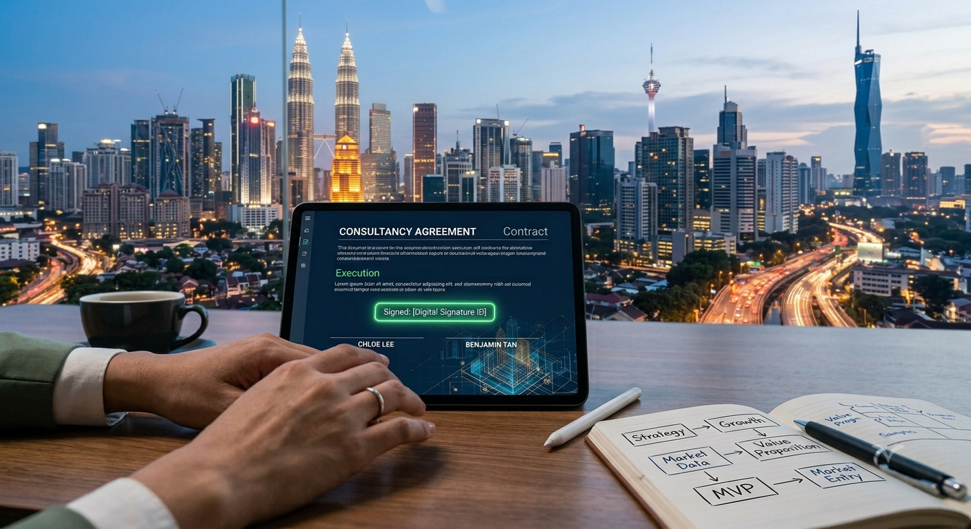 Digital contract signing scene representing modern business trust and compliance